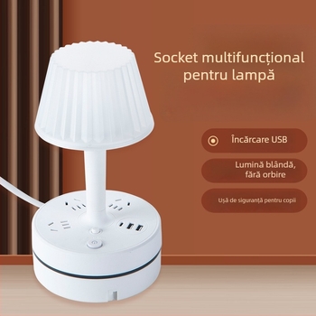 Lampă de birou multifuncțională cu prize încorporate, port USB pentru încărcare, lampă LED pentru protecția ochilor și funcție de depozitare