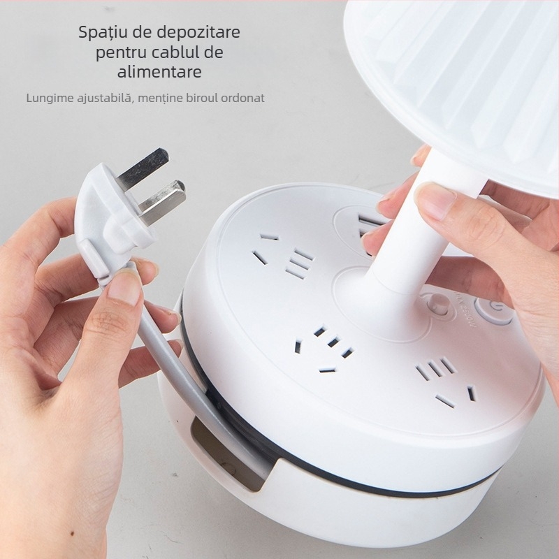 Lampă de birou multifuncțională cu prize încorporate, port USB pentru încărcare, lampă LED pentru protecția ochilor și funcție de depozitare