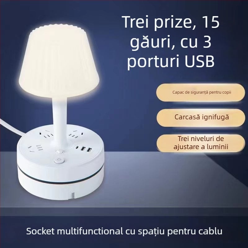 Lampă de birou multifuncțională cu prize încorporate, port USB pentru încărcare, lampă LED pentru protecția ochilor și funcție de depozitare