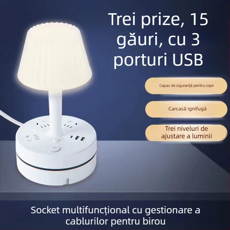 Lampă de birou multifuncțională cu prize încorporate, port USB pentru încărcare, lampă LED pentru protecția ochilor și funcție de depozitare
