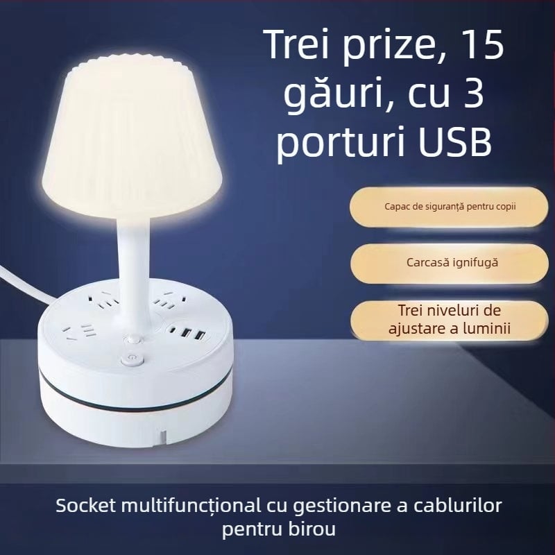 Lampă de birou multifuncțională cu prize încorporate, port USB pentru încărcare, lampă LED pentru protecția ochilor și funcție de depozitare