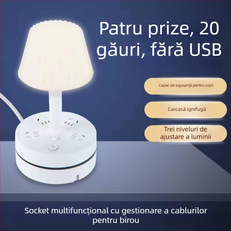 Lampă de birou multifuncțională cu prize încorporate, port USB pentru încărcare, lampă LED pentru protecția ochilor și funcție de depozitare