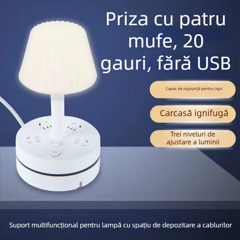 Lampă de birou multifuncțională cu prize încorporate, port USB pentru încărcare, lampă LED pentru protecția ochilor și funcție de depozitare