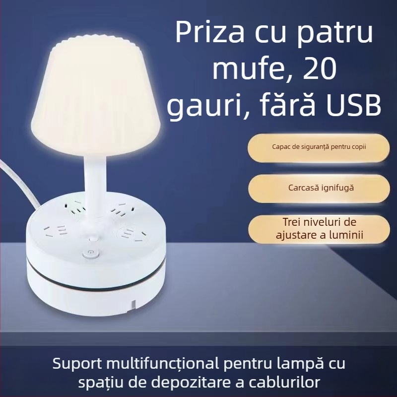 Lampă de birou multifuncțională cu prize încorporate, port USB pentru încărcare, lampă LED pentru protecția ochilor și funcție de depozitare