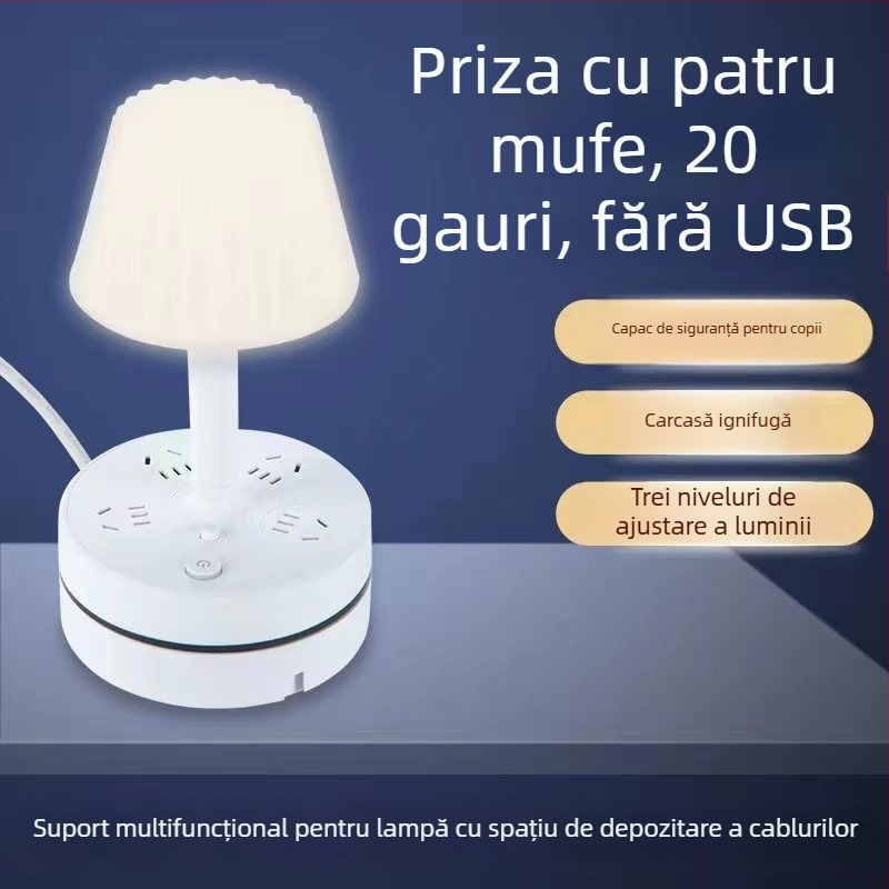 Lampă de birou multifuncțională cu prize încorporate, port USB pentru încărcare, lampă LED pentru protecția ochilor și funcție de depozitare