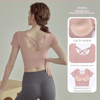 Set de yoga pentru femei, top cu mânecă scurtă, model solid, 85% poliester, 15% spandex