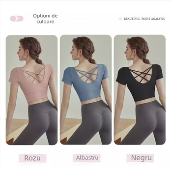 Set de yoga pentru femei, top cu mânecă scurtă, model solid, 85% poliester, 15% spandex