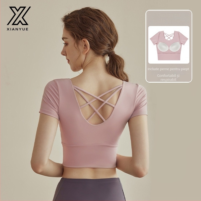 Set de yoga pentru femei, top cu mânecă scurtă, model solid, 85% poliester, 15% spandex