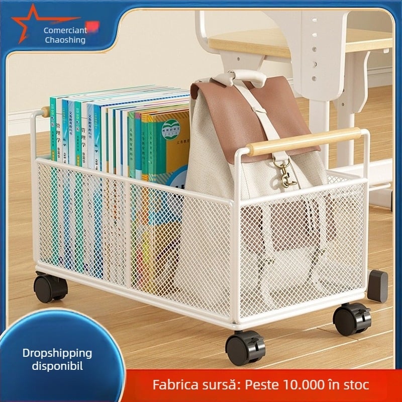 Raft de depozitare pentru cărți cu roți, metal, 1 etaj, sub birou, organizator simplu modern