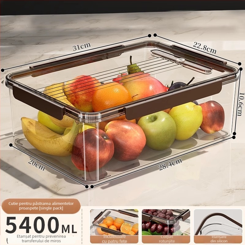 Cutie de depozitare din plastic pentru frigider, cu capac – portabilă, sigilată, menține prospețimea legumelor și a fructelor