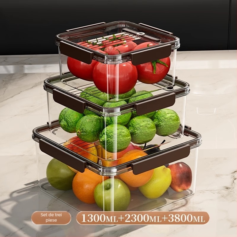 Cutie de depozitare din plastic pentru frigider, cu capac – portabilă, sigilată, menține prospețimea legumelor și a fructelor