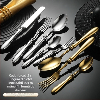 Set tacâmuri occidentale din oțel inoxidabil 304, mâner în formă de dovleac, cuțit-furculiță-lingură, finisaj oglindă, lucrat manual