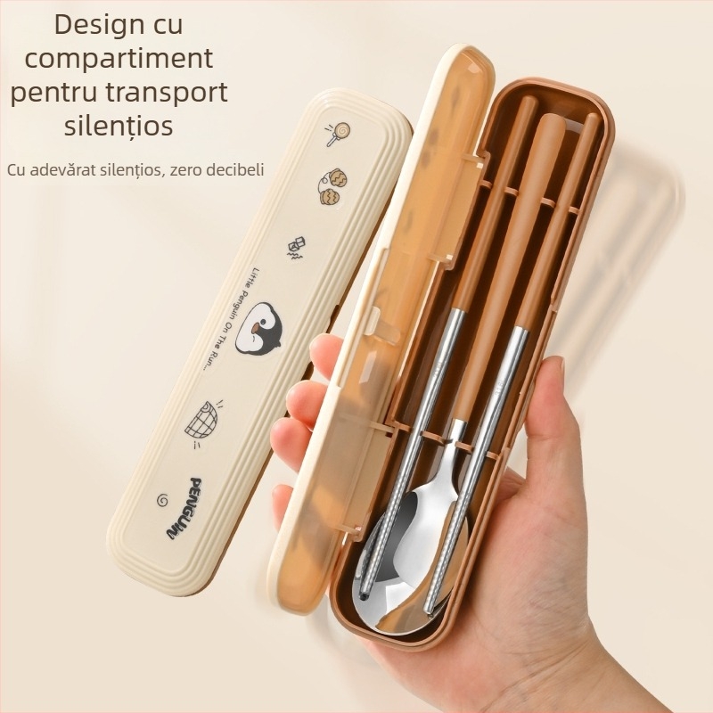 Set din oțel inoxidabil 316 pentru copii – pentru 1 persoană, 3 piese (bețișoare, lingură, furculiță) cu cutie de depozitare, finisaj oglindit, stil Nordic, lansare 2024, personalizare disponibilă