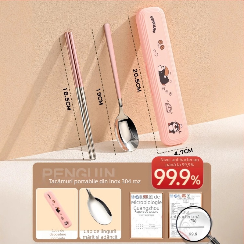 Set din oțel inoxidabil 316 pentru copii – pentru 1 persoană, 3 piese (bețișoare, lingură, furculiță) cu cutie de depozitare, finisaj oglindit, stil Nordic, lansare 2024, personalizare disponibilă