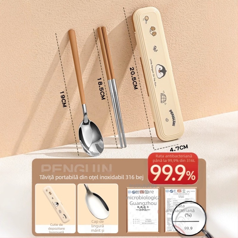 Set din oțel inoxidabil 316 pentru copii – pentru 1 persoană, 3 piese (bețișoare, lingură, furculiță) cu cutie de depozitare, finisaj oglindit, stil Nordic, lansare 2024, personalizare disponibilă