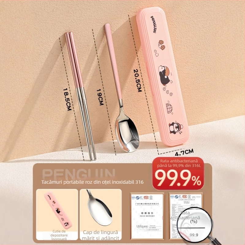 Set din oțel inoxidabil 316 pentru copii – pentru 1 persoană, 3 piese (bețișoare, lingură, furculiță) cu cutie de depozitare, finisaj oglindit, stil Nordic, lansare 2024, personalizare disponibilă