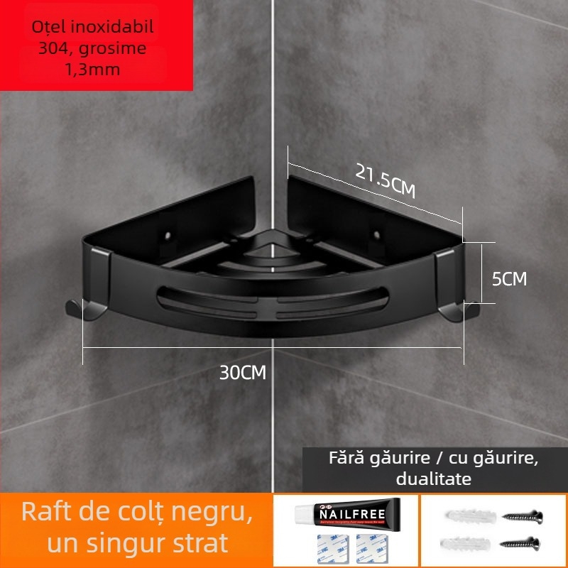 Fără găurire 304 oțel inoxidabil, raft colț triunghiular pentru baie, finisaj oglindit, încărcătură 20 kg, 1–3 niveluri
