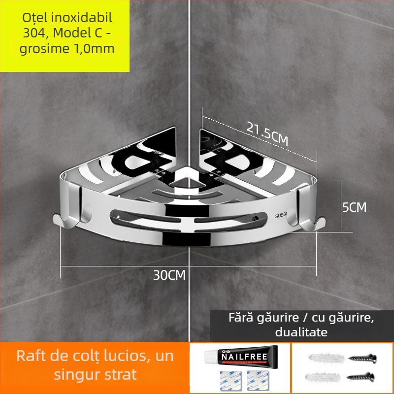 Fără găurire 304 oțel inoxidabil, raft colț triunghiular pentru baie, finisaj oglindit, încărcătură 20 kg, 1–3 niveluri