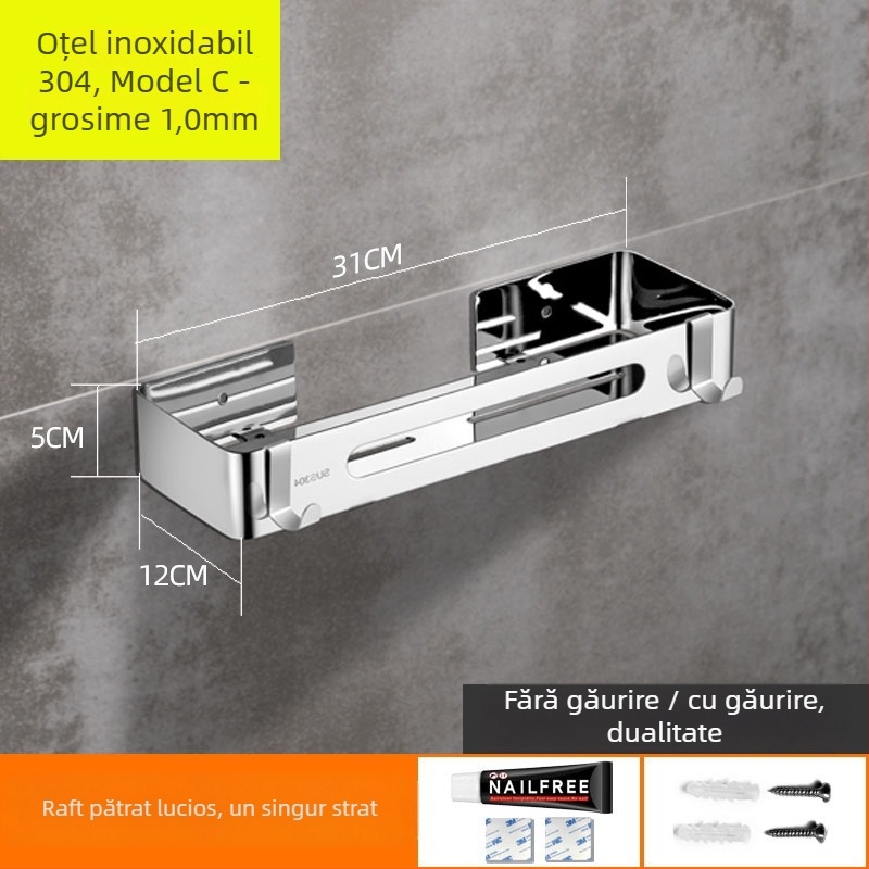 Fără găurire 304 oțel inoxidabil, raft colț triunghiular pentru baie, finisaj oglindit, încărcătură 20 kg, 1–3 niveluri