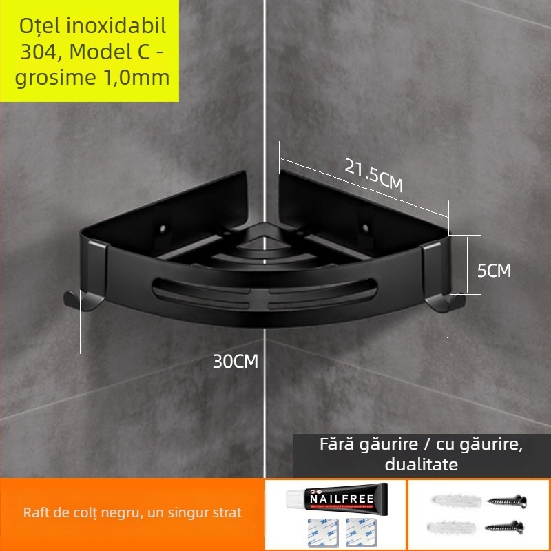 Fără găurire 304 oțel inoxidabil, raft colț triunghiular pentru baie, finisaj oglindit, încărcătură 20 kg, 1–3 niveluri