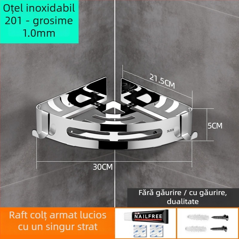 Fără găurire 304 oțel inoxidabil, raft colț triunghiular pentru baie, finisaj oglindit, încărcătură 20 kg, 1–3 niveluri