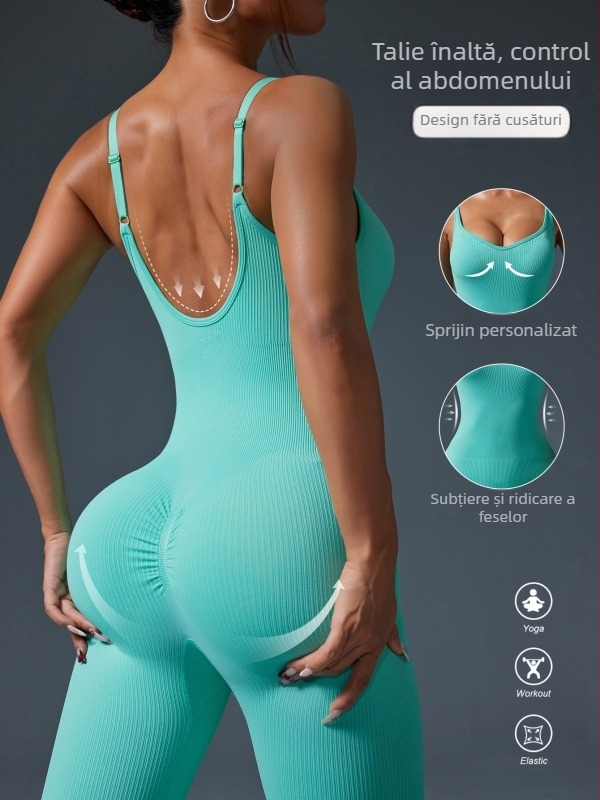 Costum de yoga dintr-o piesă cu bretele spaghetti, spate deschis, control al taliei și ridicare a fesierilor, material evacuează umezeala, 90% nylon, 10% spandex, Snow Fox, 2024