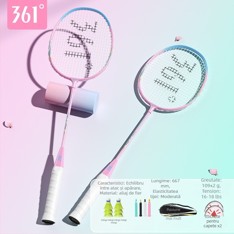 Rachetă badminton 361°, cadru din aliaj de fier, greutate 95–100 g, mâner G2, tijă dreaptă