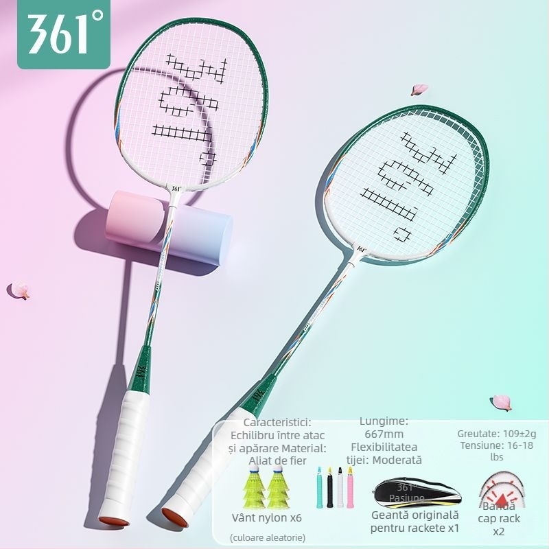 Rachetă badminton 361°, cadru din aliaj de fier, greutate 95–100 g, mâner G2, tijă dreaptă