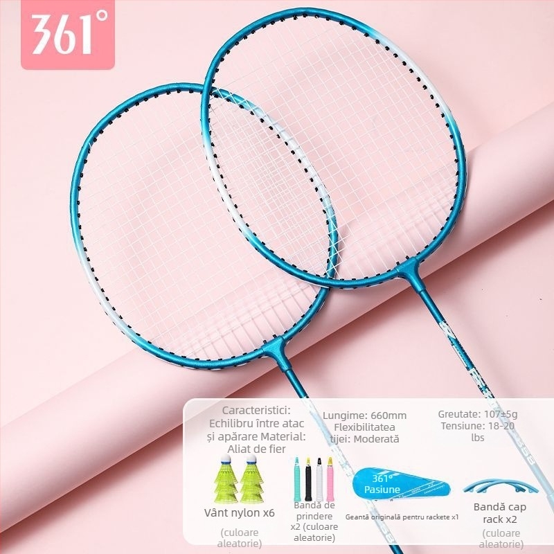 Rachetă badminton 361°, cadru din aliaj de fier, greutate 95–100 g, mâner G2, tijă dreaptă