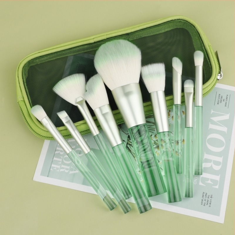 Set de 9 pensule de machiaj, cu periile din nylon ondulat, mânere din plastic și ambalaj PU