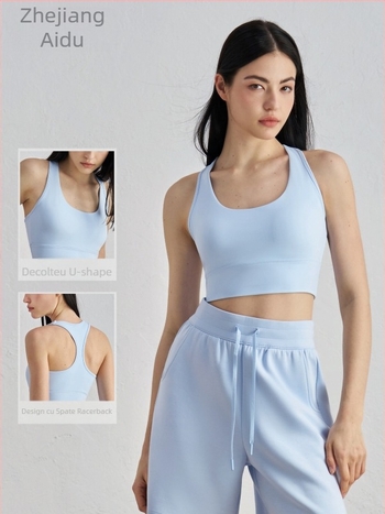 Sutien sport pentru yoga cu pernă la sân – cupă 3/4, model mediu, racerback, bretele duble fixe, material nailon/elastan