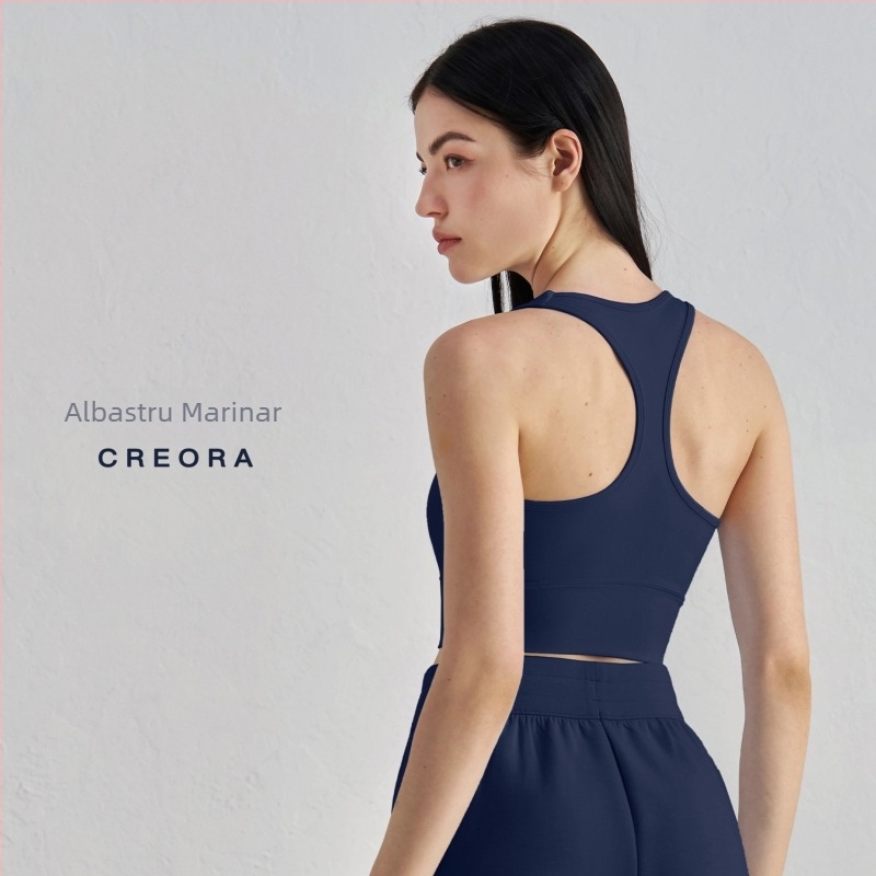 Sutien sport pentru yoga cu pernă la sân – cupă 3/4, model mediu, racerback, bretele duble fixe, material nailon/elastan