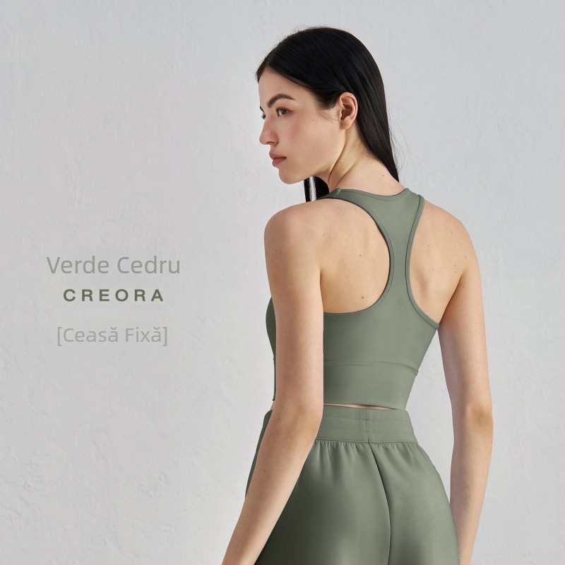 Sutien sport pentru yoga cu pernă la sân – cupă 3/4, model mediu, racerback, bretele duble fixe, material nailon/elastan