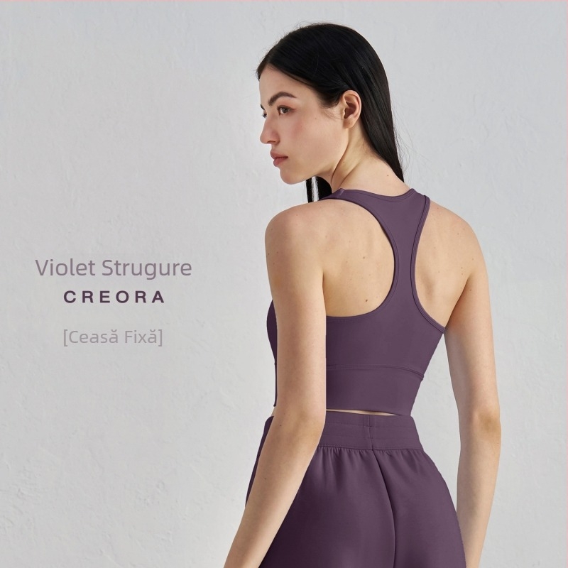 Sutien sport pentru yoga cu pernă la sân – cupă 3/4, model mediu, racerback, bretele duble fixe, material nailon/elastan