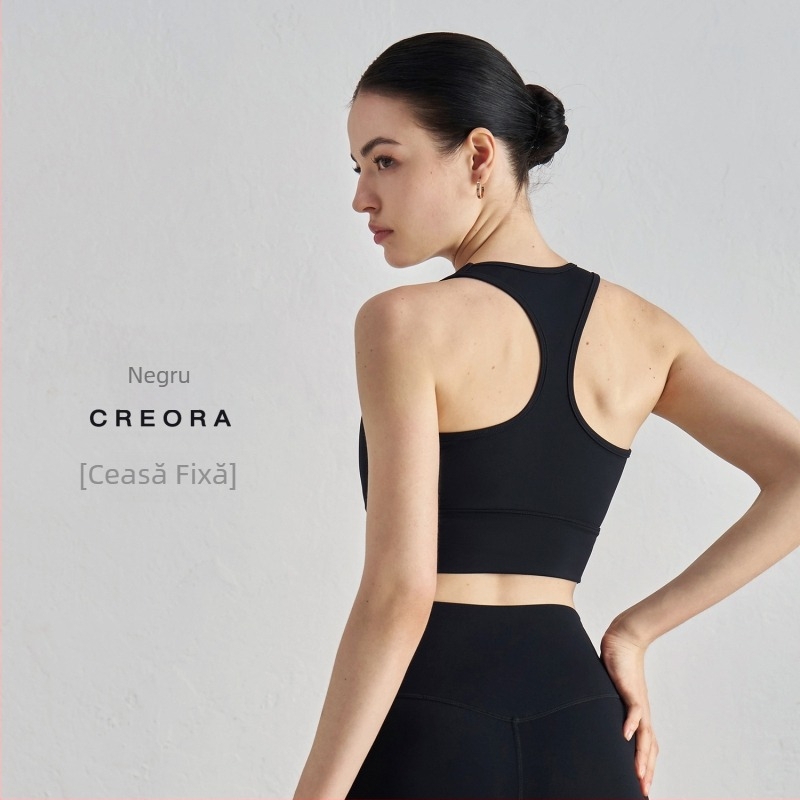 Sutien sport pentru yoga cu pernă la sân – cupă 3/4, model mediu, racerback, bretele duble fixe, material nailon/elastan