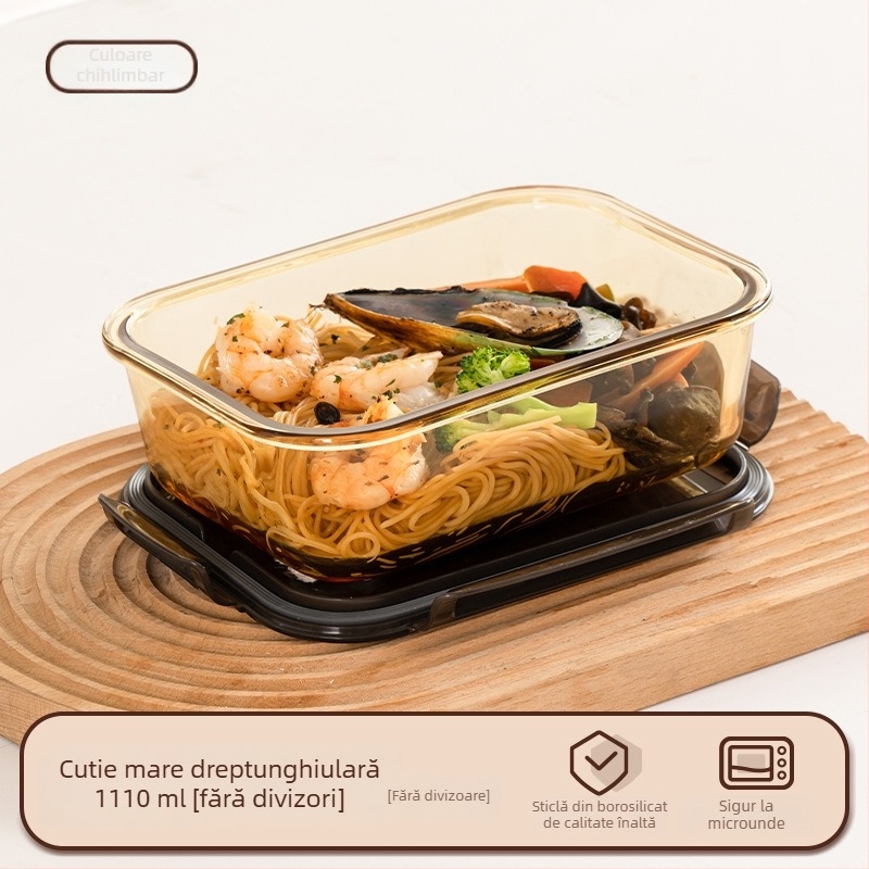 Cutie de prânz din sticlă (borosilikat, izolată, compatibilă cu microunde, 800–1000 ml, pătrată)