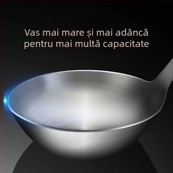 Set din oțel inox cu mâner din lemn: lingură de supă, lingură cu găuri, spatulă de prăjit; rezistent la temperaturi înalte; protecție împotriva arderii