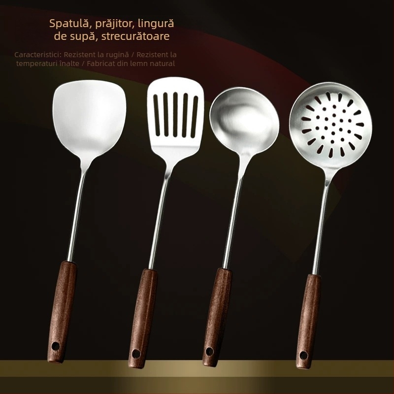 Set din oțel inox cu mâner din lemn: lingură de supă, lingură cu găuri, spatulă de prăjit; rezistent la temperaturi înalte; protecție împotriva arderii