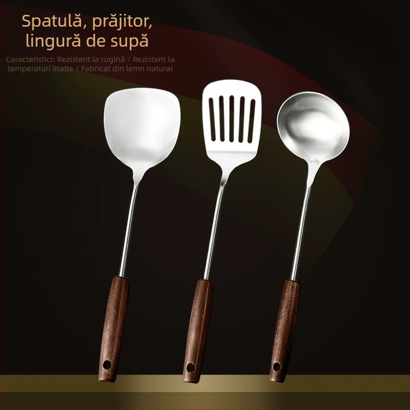 Set din oțel inox cu mâner din lemn: lingură de supă, lingură cu găuri, spatulă de prăjit; rezistent la temperaturi înalte; protecție împotriva arderii