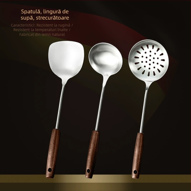 Set din oțel inox cu mâner din lemn: lingură de supă, lingură cu găuri, spatulă de prăjit; rezistent la temperaturi înalte; protecție împotriva arderii