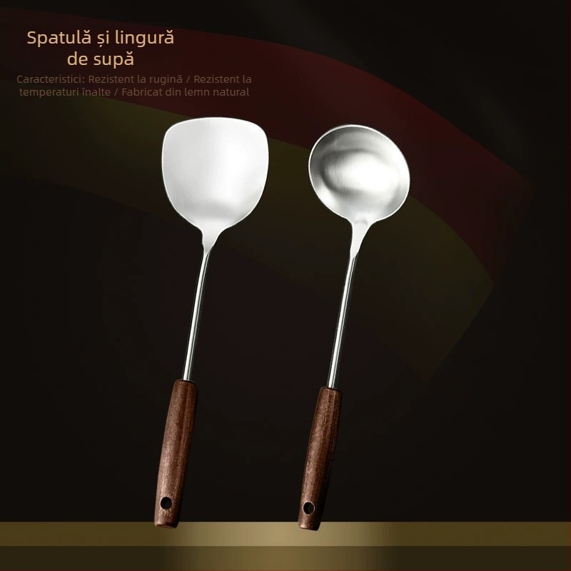 Set din oțel inox cu mâner din lemn: lingură de supă, lingură cu găuri, spatulă de prăjit; rezistent la temperaturi înalte; protecție împotriva arderii