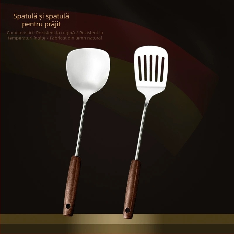 Set din oțel inox cu mâner din lemn: lingură de supă, lingură cu găuri, spatulă de prăjit; rezistent la temperaturi înalte; protecție împotriva arderii