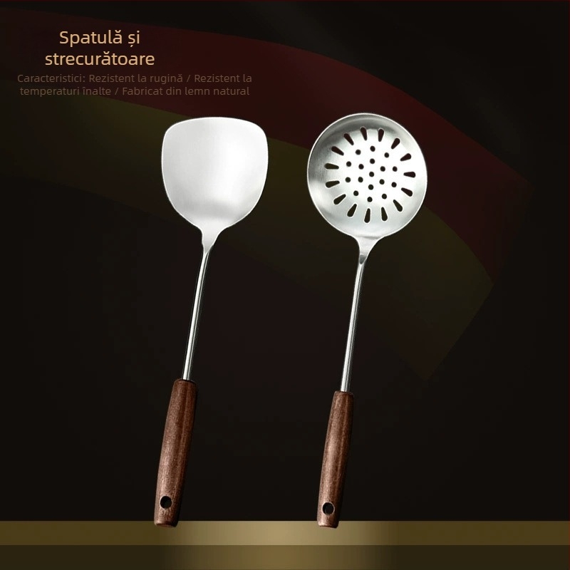 Set din oțel inox cu mâner din lemn: lingură de supă, lingură cu găuri, spatulă de prăjit; rezistent la temperaturi înalte; protecție împotriva arderii
