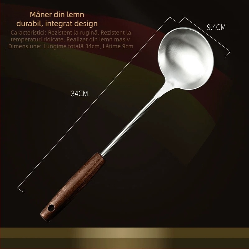 Set din oțel inox cu mâner din lemn: lingură de supă, lingură cu găuri, spatulă de prăjit; rezistent la temperaturi înalte; protecție împotriva arderii