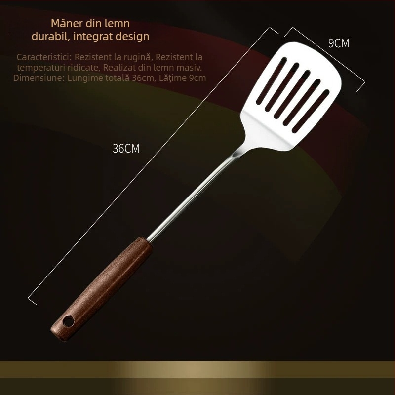 Set din oțel inox cu mâner din lemn: lingură de supă, lingură cu găuri, spatulă de prăjit; rezistent la temperaturi înalte; protecție împotriva arderii