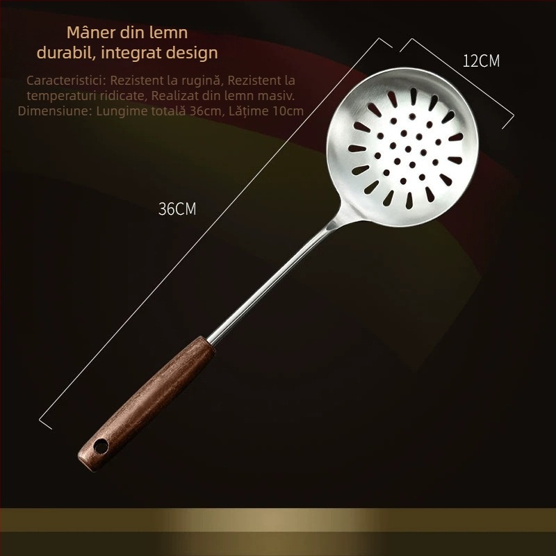 Set din oțel inox cu mâner din lemn: lingură de supă, lingură cu găuri, spatulă de prăjit; rezistent la temperaturi înalte; protecție împotriva arderii