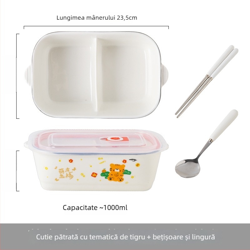 Cutie de prânz ceramică dreptunghiulară cu model desen animat, compatibilă cu microunde, capacitate 800–1000 ml