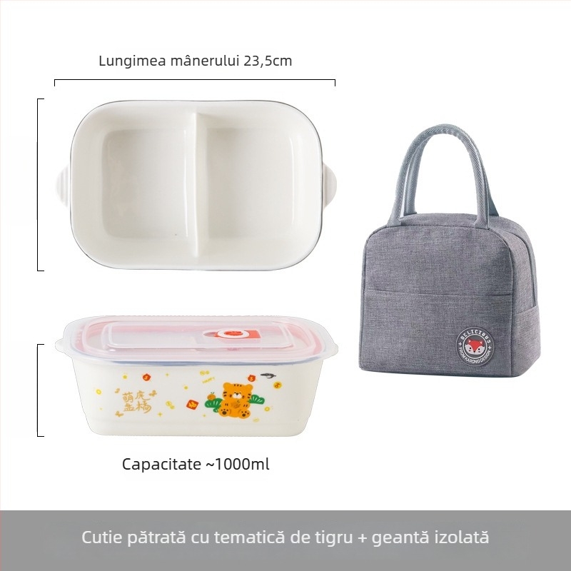 Cutie de prânz ceramică dreptunghiulară cu model desen animat, compatibilă cu microunde, capacitate 800–1000 ml