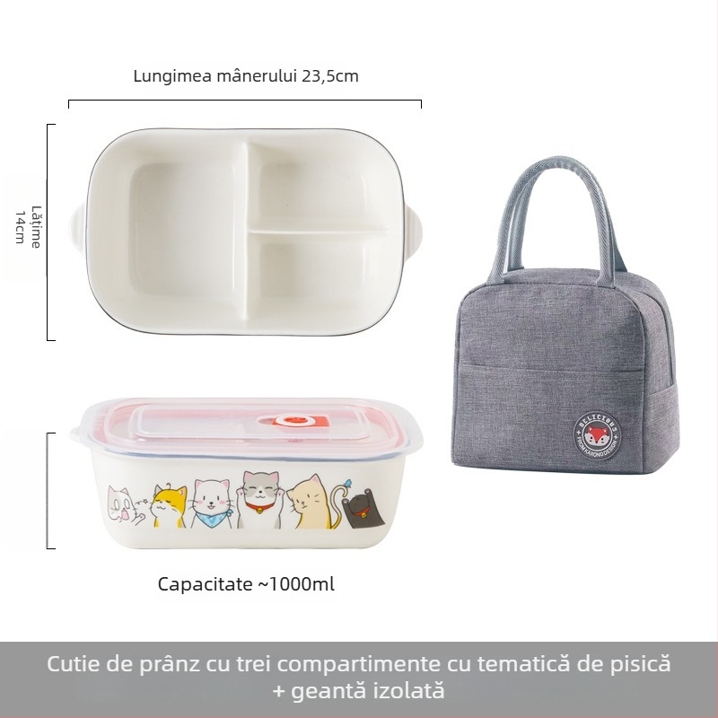 Cutie de prânz ceramică dreptunghiulară cu model desen animat, compatibilă cu microunde, capacitate 800–1000 ml
