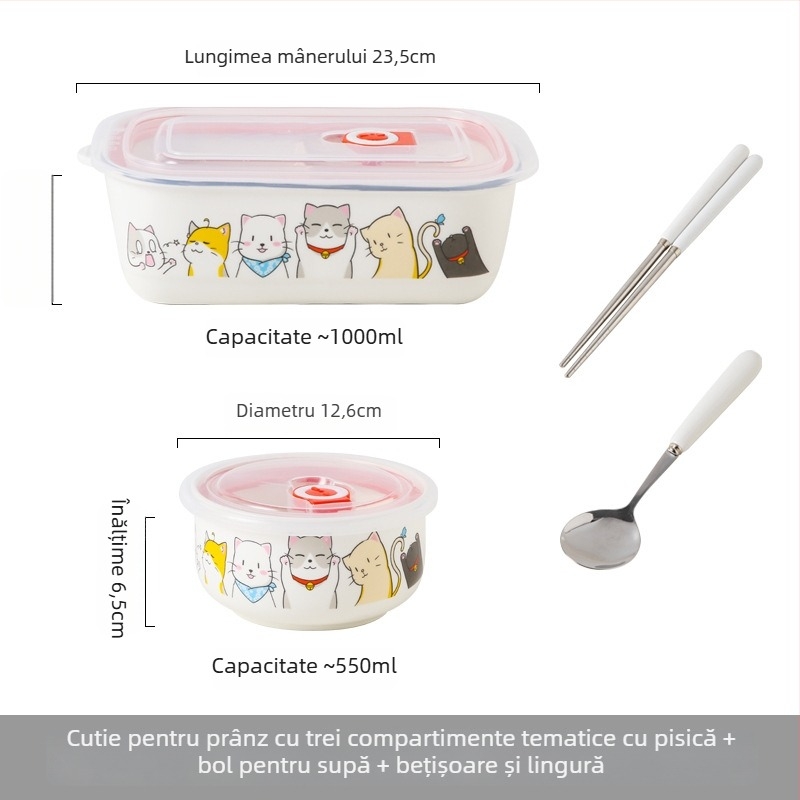 Cutie de prânz ceramică dreptunghiulară cu model desen animat, compatibilă cu microunde, capacitate 800–1000 ml